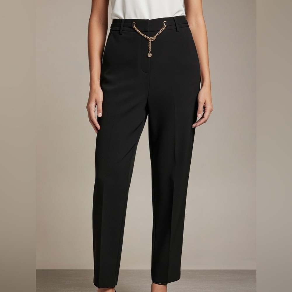 Michael Kors Stretch Black Pants MK Gold Chain Detail Office Interview Dressy
